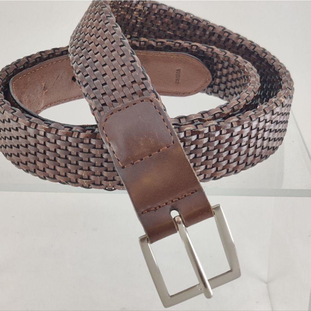 Woven genuine Leather Belt Sz 40 in Brown Square Buckle Heel Prong Silver Metal